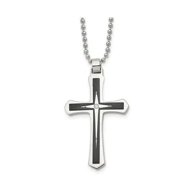 Chisel Brushed Black Ip-plated Cz Cross Pendant Ball Chain Necklace