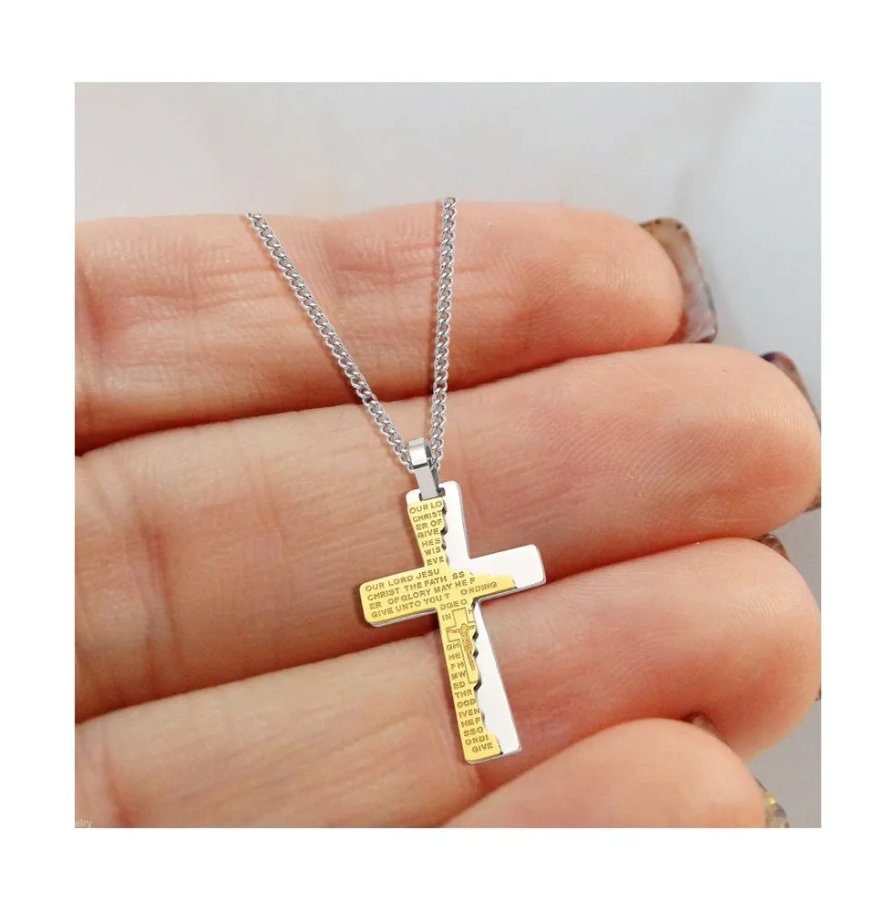 Chisel Yellow Ip-plated Etched Broken Prayer Cross Pendant Curb Chain Necklace