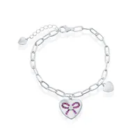 Sterling Silver Heart with Ruby Cz Ribbon Paperclip Bracelet