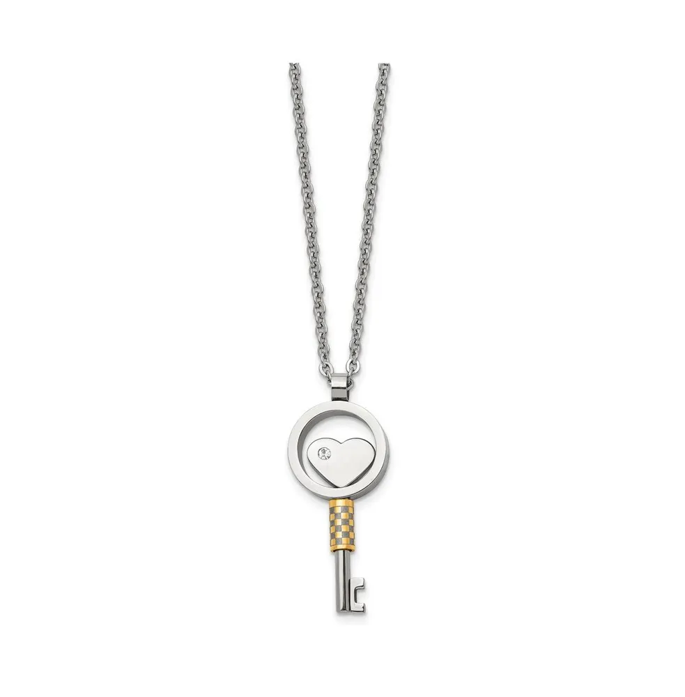 Chisel Yellow Ip-plated Cz Heart Key Pendant Cable Chain Necklace