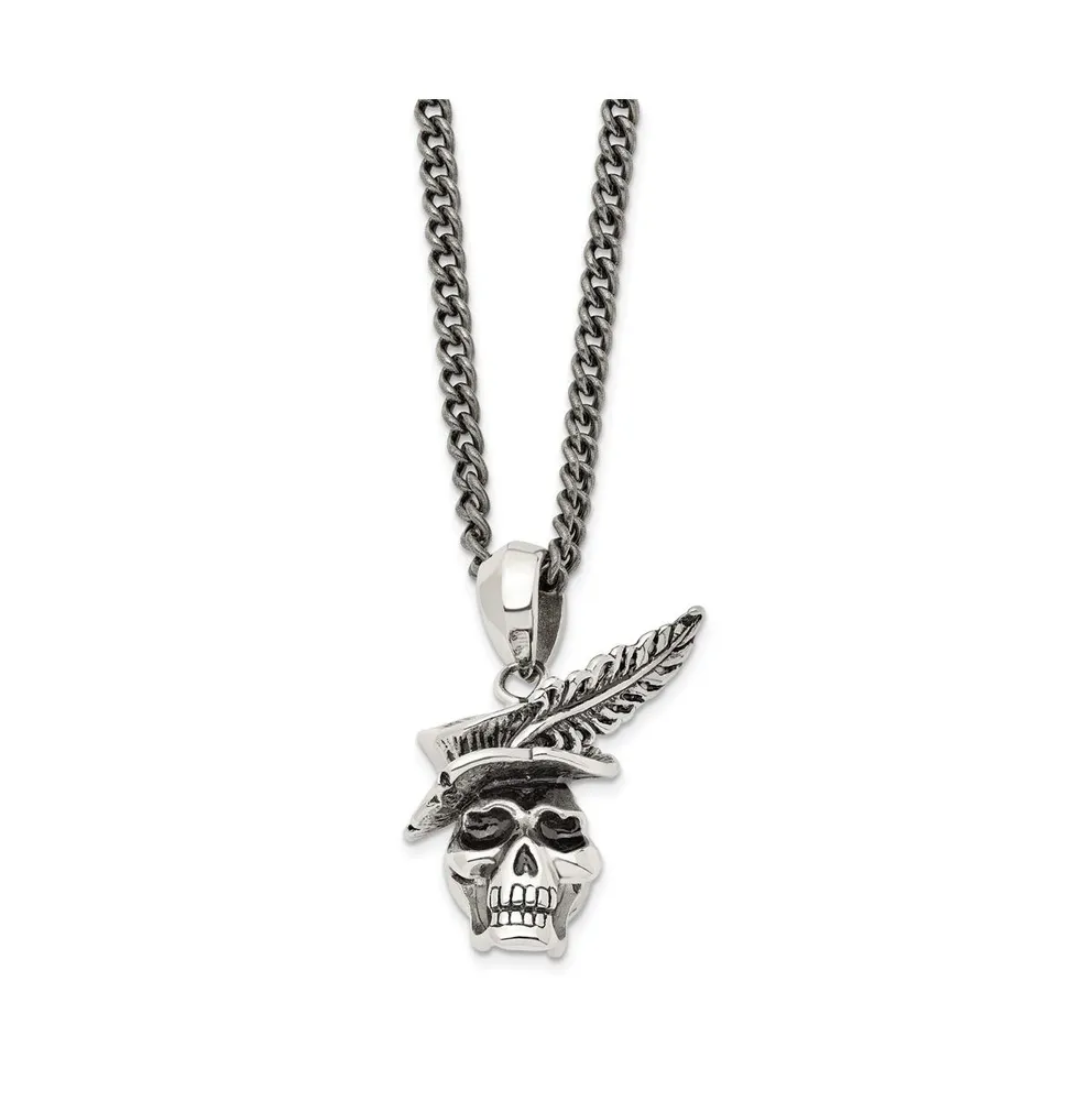 Chisel Antiqued Skull with Feather Hat Pendant Curb Chain Necklace