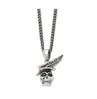 Chisel Antiqued Skull with Feather Hat Pendant Curb Chain Necklace