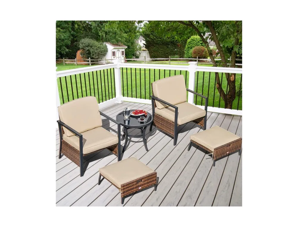5 Pieces Patio Wicker Conversation Set with Soft Cushions for Garden Yard