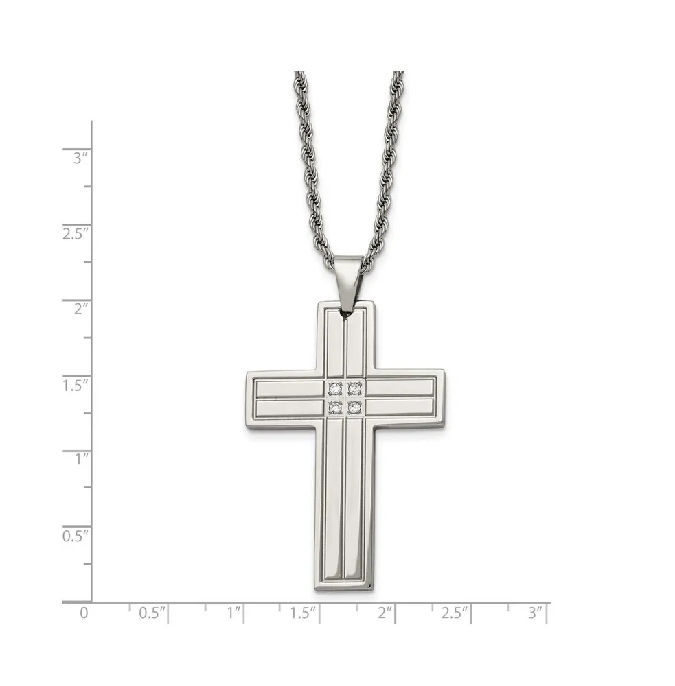 Chisel Polished with Cz Grooved Cross Pendant on a Rope Chain Necklace