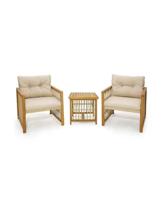 3 Pieces Patio Pe Wicker Conversation Set with Acacia Wood Frame and Cushions-Beige