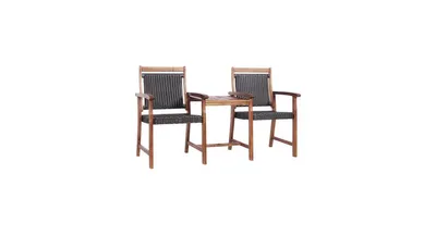 2-Seat Patio Rattan Acacia Wood Chair with Coffee Table
