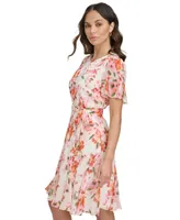 Dkny Women's Printed Flutter-Sleeve Tie-Waist Dress