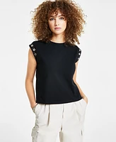Bar Iii Petite Crewneck Grommet-Trim-Sleeve Top, Created for Macy's