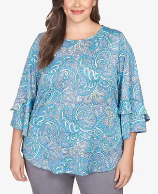 Ruby Rd. Plus Paisley Dew Drop Knit Top with Ruffle Sleeves
