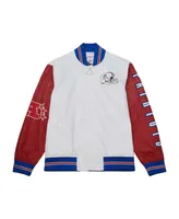 Men's Mitchell & Ness White Distressed New England Patriots Team Burst Warm-Up Full-Zip Jacket