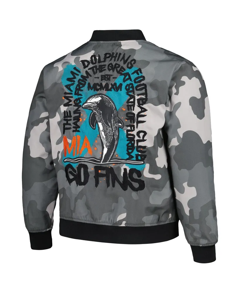 Men's and Women's The Wild Collective Gray Distressed Miami Dolphins Camo Bomber Jacket
