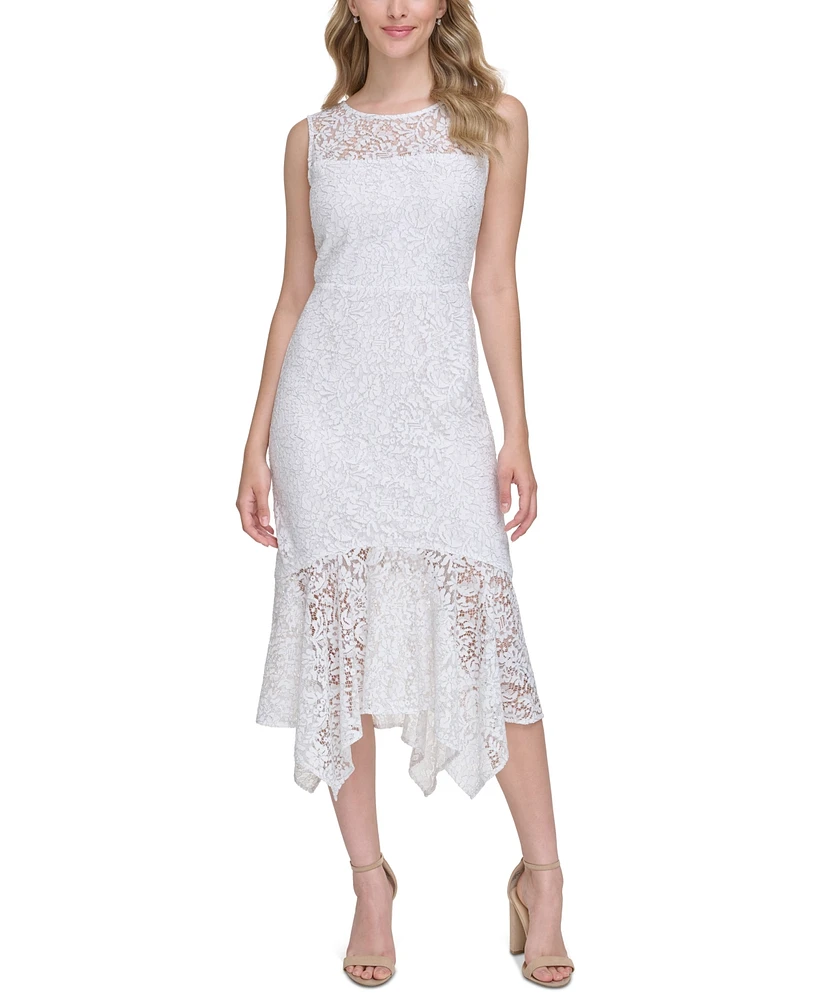 kensie Women's Floral Lace Handkerchief-Hem Midi Dress