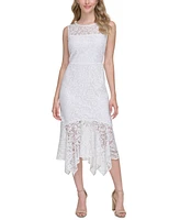 kensie Women's Floral Lace Handkerchief-Hem Midi Dress