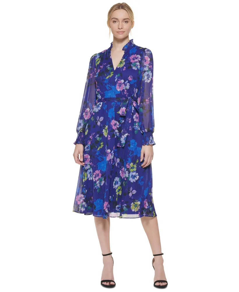 Jessica Howard Women's Printed Tie-Waist Long-Sleeve Dress