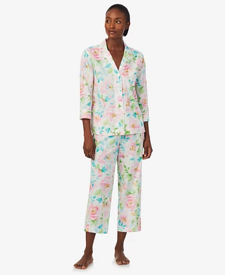 Lauren Ralph Women's 2-Pc 3/4 Sleeve Notch Collar Top and Capri Pants Pajama Set