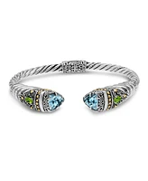 Blue Topaz, Peridot Bali Filigree Cuff Bracelet Sterling Silver and 18K Gold