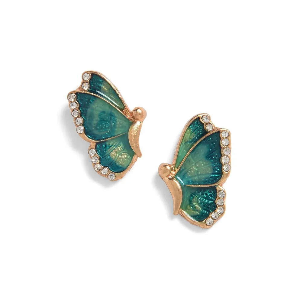 Sohi Women's Green Embellished Butterfly Stud Earrings