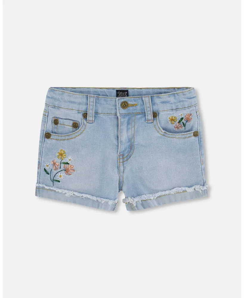 Deux Par Deux Girl Denim Short With Embroidery Light Blue