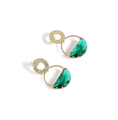 Sohi Women's Green Dented Stone Circular Drop Earrings