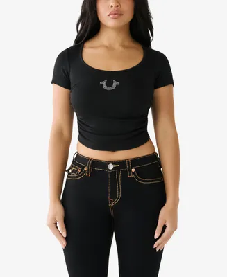 True Religion Women's Short Sleeve Crystal Horseshoe Side Stacked T-shirt