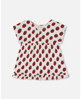 Girl Organic Cotton Long Top With Frill White Printed Pop Strawberry