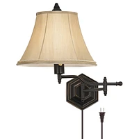 Hexagon Country Swing Arm Adjustable Wall Mounted Lamp Bronze Plug-In Light Fixture Dimmable Gold Bell Shade for Bedroom Bedside House Reading Living