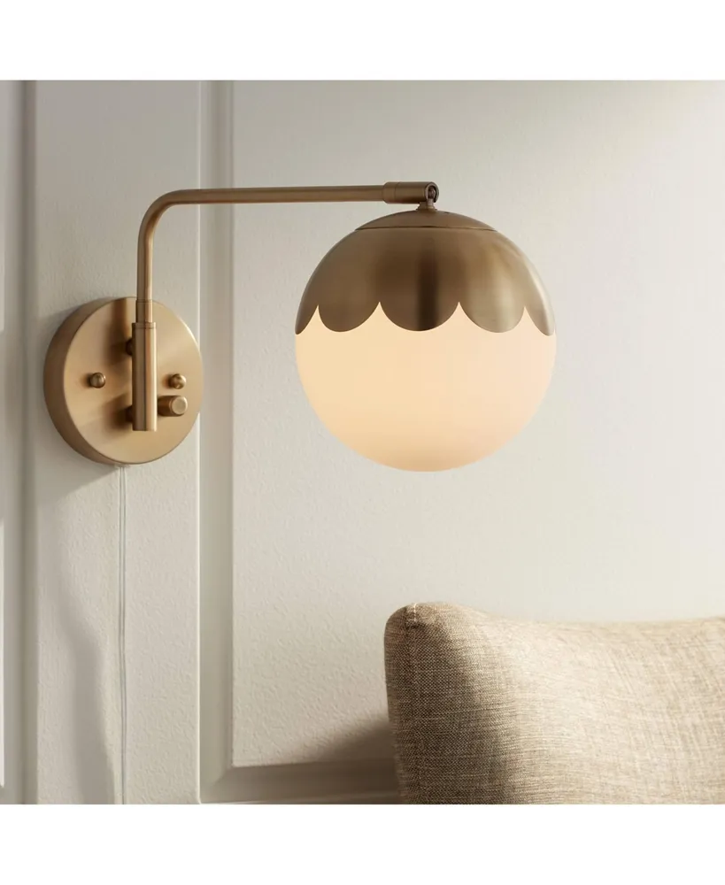 Kelowna Modern Indoor Swing Arm Wall Lamp Antique Brass Metal Plug-In Light Fixture Dimmable Globe Glass Shade for Bedroom Bedside House Reading Livin