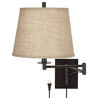Brinly Farmhouse Rustic Swing Arm Wall Lamp Matte Brown Metal Plug-in 12" Fixture Burlap Hardback Drum Shade for Bedroom Bedside Living Room Hallway D