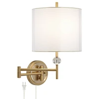 Kohle Modern Swing Arm Wall Lamp Polished Brass Plug-In Light Fixture White Cotton Sheer Double Drum Shade for Bedroom Bedside House Reading Living Ro