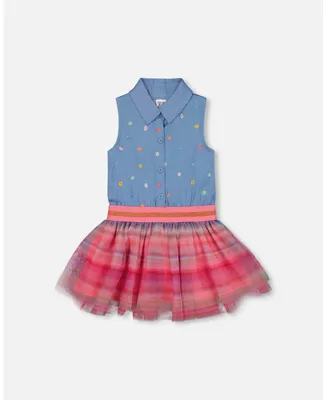 Girl Chambray And Tulle Rainbow Mesh Dress