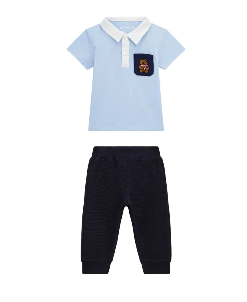 Guess Baby Boys Short Sleeve Polo Shirt with a Textured Knit Pull-On Pants, 2 Piece Set