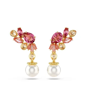 Swarovski Mixed Cuts, Crystal Swarovski Imitation Pearls, Flower, Pink, Gold-Tone Gema Drop Earrings