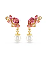 Swarovski Mixed Cuts, Crystal Swarovski Imitation Pearls, Flower, Pink, Gold-Tone Gema Drop Earrings