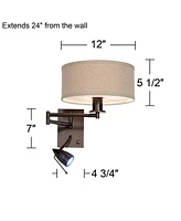 Radix Modern Swing Arm Adjustable Wall Lamp With Cord Led Bronze Plug-In Light Fixture Oatmeal Fabric Drum Shade Bedroom Bedside House Reading Living