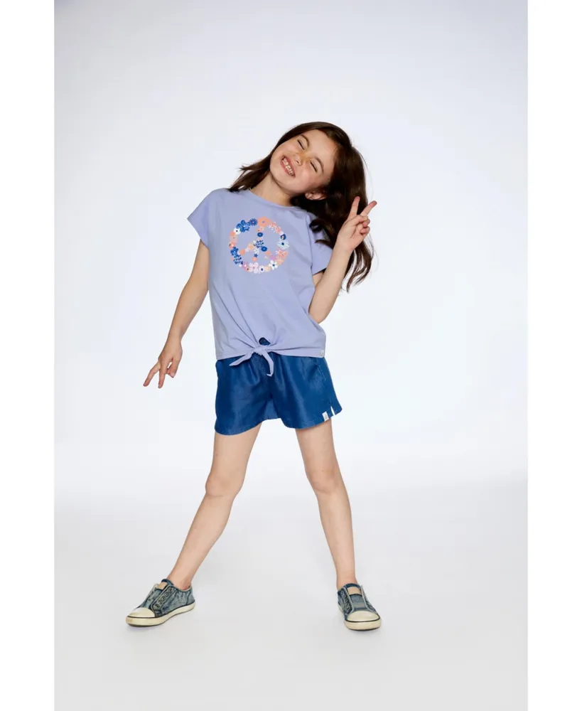 Girl Organic Cotton Top With Print And Knot Grey Blue