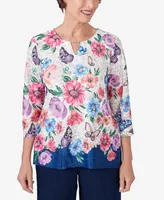 Alfred Dunner Women's Full Bloom Floral Butterfly Border Split Neck Top