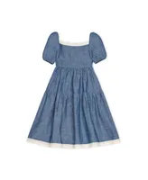 Hope & Henry Girls' Short Bubble Sleeve Crochet Trim Chambray Dress