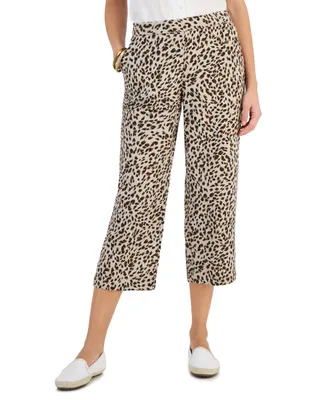 Charter Club Women's 100% Linen Printed Cropped Pull-On Pants, Created for Macy's
