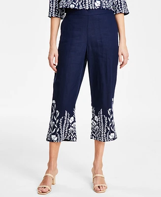 Charter Club Petite 100% Linen Embroidered-Hem Capri Pants, Created for Macy's
