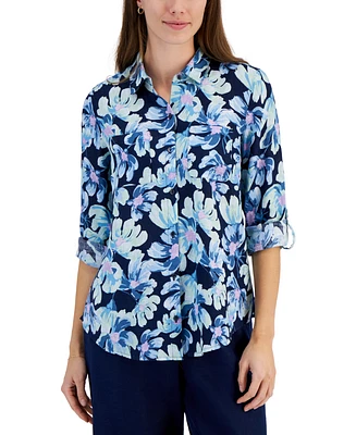 Charter Club Women's Morning Bloom 100% Linen Printed Shirt, Created for Macy's