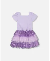 Girl Textured Knit Dress With Mesh Skirt Lavender