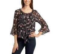 Bcx Juniors' Printed Bell-Sleeve Tie-Front Peasant Top