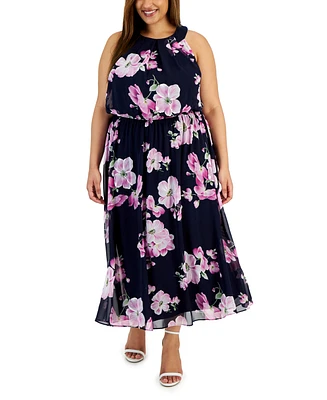 Robbie Bee Plus Floral-Print Halterneck Maxi Dress