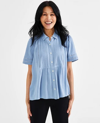 Style & Co Petite Pintuck Short-Sleeve Button-Front Shirt, Created for Macy's