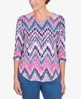 Alfred Dunner Women's Classic Puff Print Ikat Chevron Split Neck Top