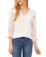 CeCe Women's Floral V-Neck Mix Media 3/4-Sleeve Knit Top