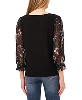 CeCe Women's Floral V-Neck Mix Media 3/4-Sleeve Knit Top