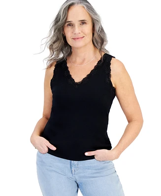 Style & Co Women's Lace-Trim Cotton Tank Top, Created for Macy's