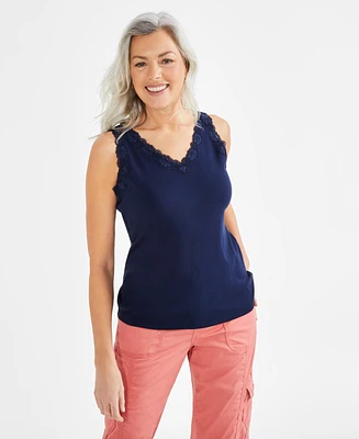 Style & Co Petite Lace Knit Cotton Tank Top, Created for Macy's