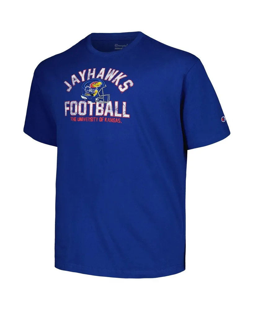 Men's Champion Royal Distressed Kansas Jayhawks Big and Tall Football Helmet T-shirt